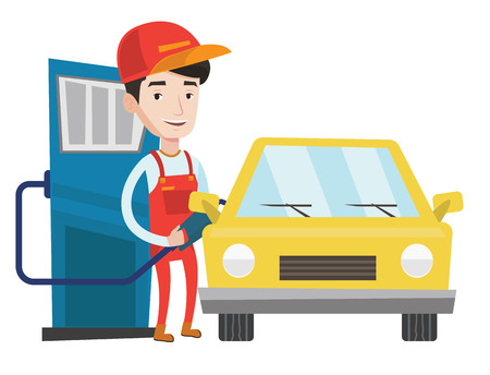 アフリカ系アメリカ人のガソリン スタンドの労働者が車を給油します ガソリン スタンド員の車に燃料を充填します ガソリン スタンドで作業服の労働者 ベクトル フラットなデザイン イラストは 白い背景で隔離 のイラスト素材 ベクタ Image