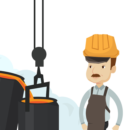 鋳物工場での作業で白人の鉄鋼労働者 鉄鋼労働者ファウンドリで製鉄を制御します 製鋼工場で鉄鋼労働者 ベクトル フラットなデザイン イラストは 白い背景で隔離 のイラスト素材 ベクタ Image