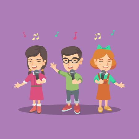 陽気な白人女性とマイクで歌を歌っている少年のグループ 子供は マイクと立ち上がって歌う聖歌隊します ベクトル漫画のイラスト 正方形のレイアウト の イラスト素材 ベクタ Image
