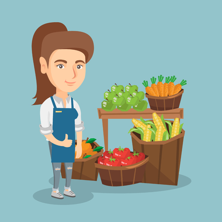 野菜や果物で屋台の背景に立ちながら親指を立てながら親指を立て続けている若いアフリカのセールスウーマン 果物や野菜を売るセールスウーマン ベクトル漫画 イラスト 正方形のレイアウト のイラスト素材 ベクタ Image 90502997