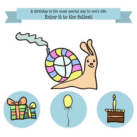 文字豚 風船 ケーキ プレゼントとお祝い誕生日手描きのイラスト素材 ベクタ Image