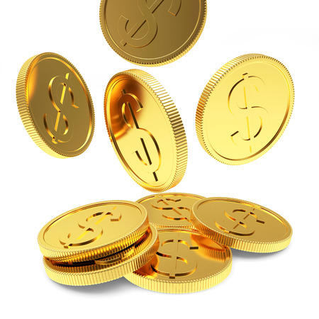 Falling golden coins close-up isolated on a white background - 51058986