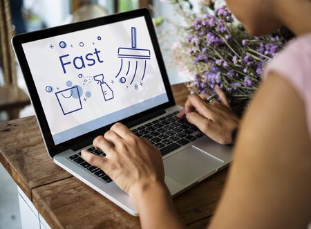 illustration of home cleaning service on laptop stock photo picture
