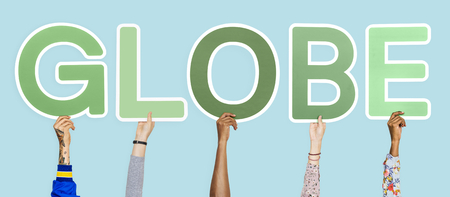 diverse hands holding the word globe stock photo picture and