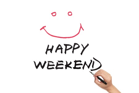 Happy weekend words written on white paper Stock Photo