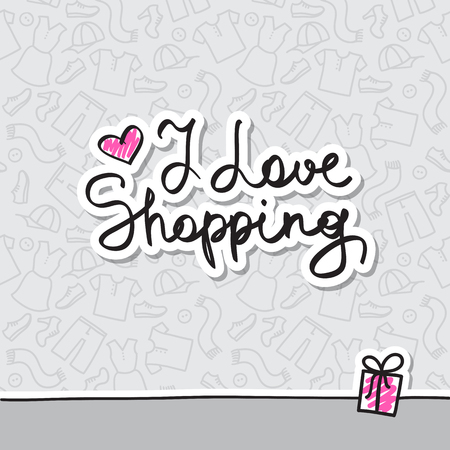 私は買い物が大好き 服要素のパターンの手書きのテキストのベクトルのイラスト素材 ベクタ Image