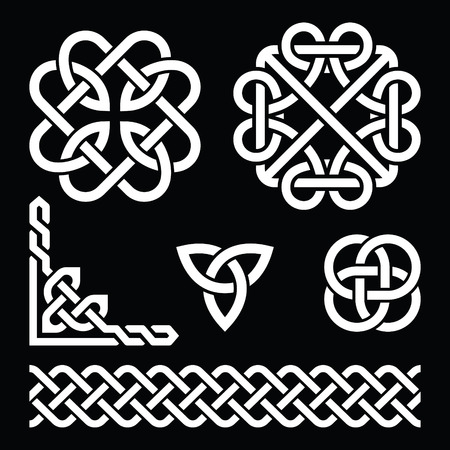 Celtic Irish knots, braids and patterns in white on black background - 50576347