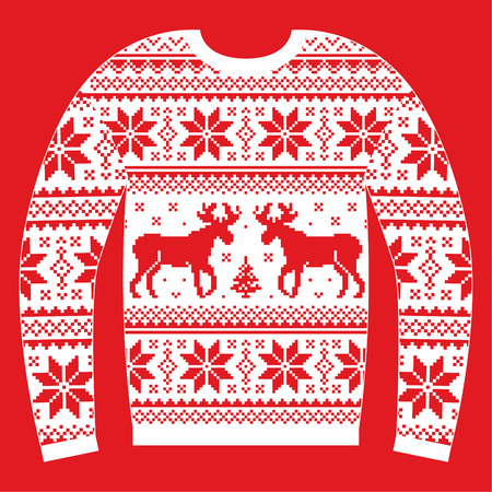 Ugly christmas jumper or sweater with reindeer and snowflakes red and white pattern Stock Photo