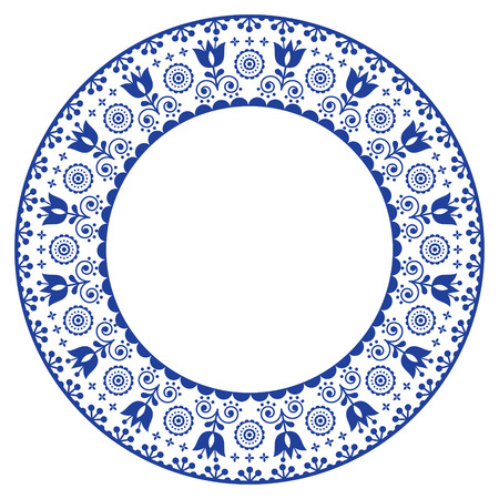 Folk art round ornamental frame, scandinavian vector design in circle, floral composition.