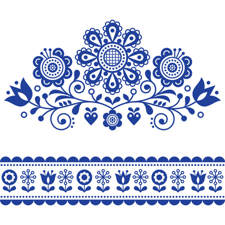 Scandinavian vector folk art pattern with flowers, traditional floral frame or border design.
