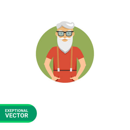 男性キャラクターは 髭 眼鏡立っている年配の男性の肖像画は ポケットに手します のイラスト素材 ベクタ Image