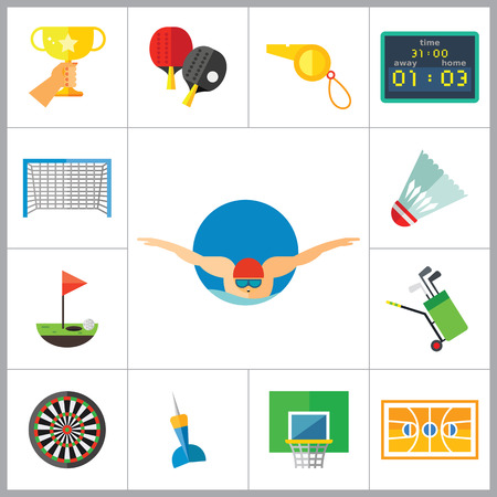 スポーツ ゲームのアイコンを設定します チャンピオンズ カップ卓球水泳スポーツ笛スコアボード羽根ゴルフ クラブ バスケット ボール フィールド ダーツ バスケット ボール フープ フットボール ゲート ダーツ ターゲット ゴルフのイラスト素材 ベクタ