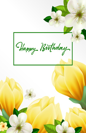 ハッピーバースデーの文字 花と蝶特別なグリーティング カード 手書きの文字は 書道 グリーティング カード ポスターやチラシに使えるのイラスト素材 ベクタ Image