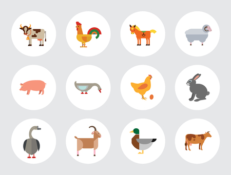 Farm animal icon set. cow hen and egg turkey goose cockerel duck goat pecking goose ram pig horse rabbit spotted cow Stock Photo