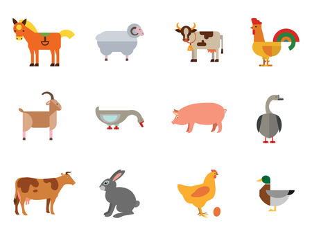 Farm animal icon set. cow hen and egg turkey goose cockerel duck goat pecking goose ram pig horse rabbit spotted cow