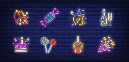 Birthday party neon sign set. fizzy wine, balloons, hat, person, cake, firework. vector illustration in neon style, bright banner for topics like holiday, festive event, celebration