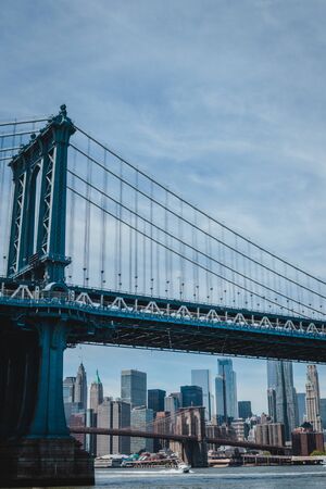 Manhattan bridge and view on new york downtown cityscape of manhattan usa
