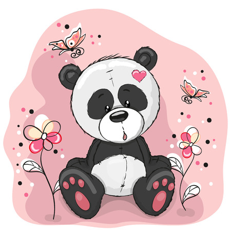 butterfly: Panda với hoa và bướm trên một đồng cỏ