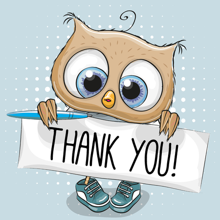 cute cartoon owl boy with plaque with inscription thank you royalty