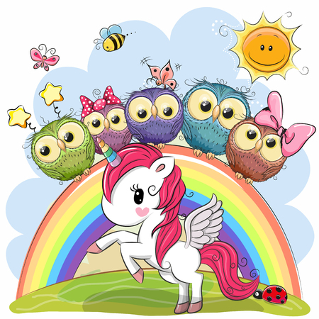 Cartoon Unicorn and Five Cute Owls is sitting on a rainbow Vector Illustration