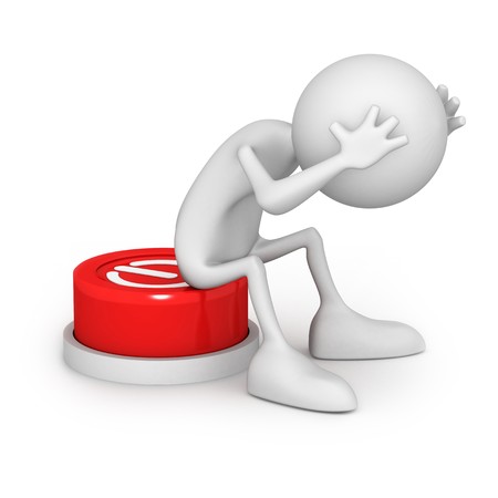 Button with unknown function. Unrecognizable small people on 3D high quality render. Image isolated on white background.