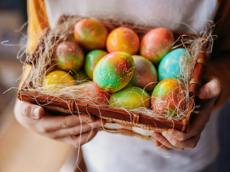 Panier en gros plan avec de beaux oeufs de pâques multicolores dans les mains des garçons.