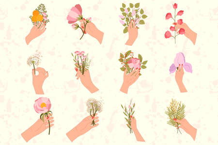 Big set of 12 hands are holding bouquets with flowers. Lilac, mimosa, sakura, dandelion, olive leaf, branch with green leaves, sweet pea, yellow bulb, peony, iris. Vector Illustration