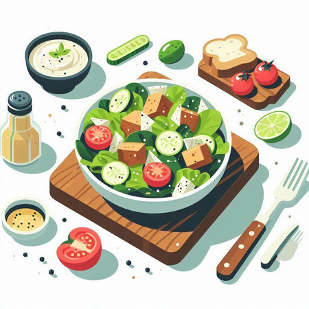 Greek salad with feta cheese cherry tomatoes cucumbers lettuce and olive oil vector illustration Stock Photo