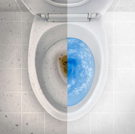 Photos Before And After Cleaning A Dirty Toilet, The Result Of Using Different Detergents From Large Pollution