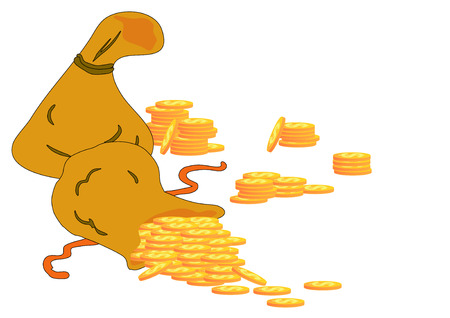 Bag of gold coins: Vector Illustration of two money bags with gold dollar coins spilling out of one. Hình minh hoạ