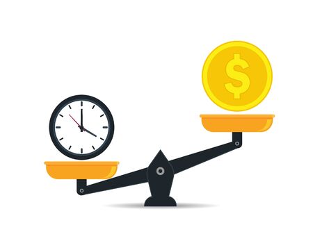 Schaalbalans van tijd is geld. waarde geld vergelijking en tijd in platte stijl. geld- en tijdbalans op maatschaal. vergelijk het gewicht van klok en geld voor succes bedrijfsconcept. vectoreps10