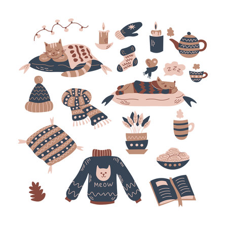 Vector set with cozy illustrations of scarf, pets, pillow, tea, teapot, hat, knitted sweater, mitten, sock in cartoon doodle style Banco de Imagens