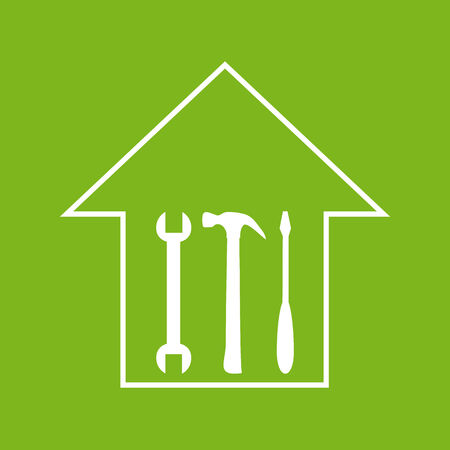 House repair sign white house silhouette with hammer screwdriver and spanner on green background