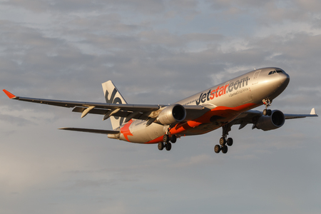 Melbourne, australia - november 8, 2014: jetstar airways airbus a330-202 airliner vh-ebe on approach to land at melbourne international airport.