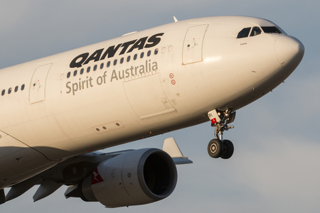 Melbourne, australia - november 8, 2014: qantas airbus a330-303 airliner vh-qpi on approach to land at melbourne international airport.