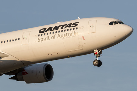 Melbourne, australia - november 8, 2014: qantas airbus a330-303 airliner vh-qpi on approach to land at melbourne international airport.