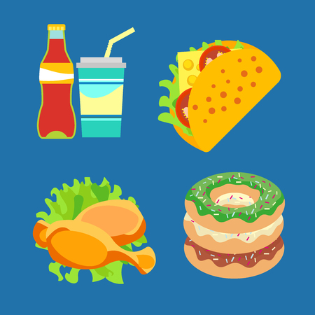 インスタント食品 半製品のイラスト 写真の簡単なスナックの様々 な屋台の食べ物 高品質の製品のためにベクターの画像は明るい色 のイラスト素材 ベクタ Image