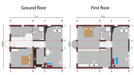 home design blueprint, ground and first floor; abstract vector art illustration - 13434961