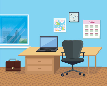 Modern Office Interior With Designer Desktop In Flat Design ... Modern Office Interior With Designer Desktop In Flat Design ...