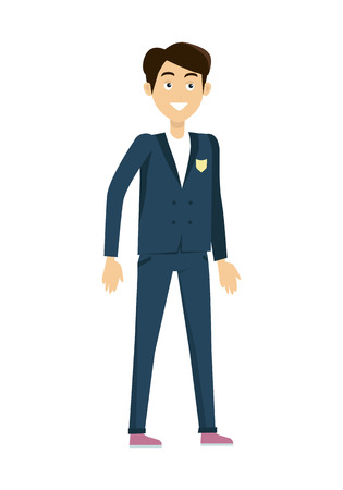 フラットなデザインで学校ベクトル イラスト 白い背景の上にバックパック立って制服 の生徒少年を笑っています 子供の教育 学生時代は 学生服スタイルを示します のイラスト素材 ベクタ Image