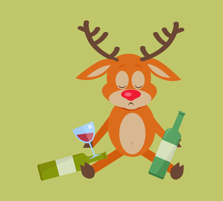 Deer with bottle of wine isolated on green. A lot of empty bottles on floor. Drunk with alcohol. Alcohol addicted reindeer with bottles of beer. Alcoholism. Vector illustration in flat style.
