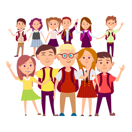 クラスメートの共同スナップショット白い背景に11の生徒 陽気な生徒たちが手をつないで 腕のベクトルイラストを振る のイラスト素材 ベクタ Image 85424717