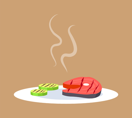 Cooked steak and vegetables, barbecue with garnish, hot fish slice or zucchini placed in plate, vector illustration isolated on brown background.