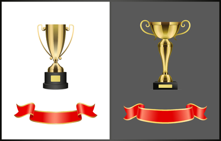 Gold award cups and ribbons for signature, different form trophy for competition reward isolated. vector prize attributes, golden bows on stand