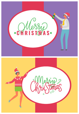 Merry Christmas postcards with people dancing at corporate fest celebrating holidays. Vector cartoon style characters on party, man and woman in Santa hats
