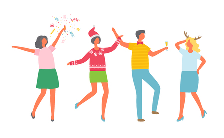 Christmas party, happy coworkers dancing at corporate fest, celebrating New Year and Xmas holiday. Vector cartoon style people with champagne, flapper
