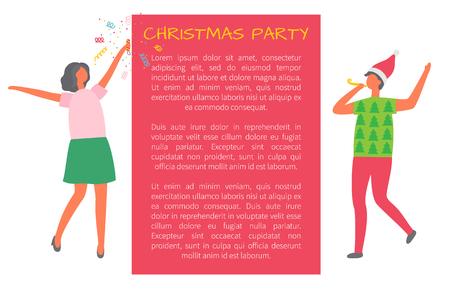 Christmas party celebration, man with glass of champagne, woman in Santa Claus hat dancing in cartoon style. Colleagues invitation leaflet, poster with text Vector Illustration