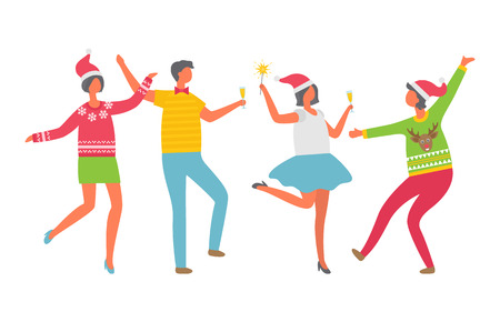 Cheerful people celebrating Christmas party. Cartoon man with glass of champagne, women in Santa Claus hat dancing. Colleagues at corporative, isolated vector Vector Illustration