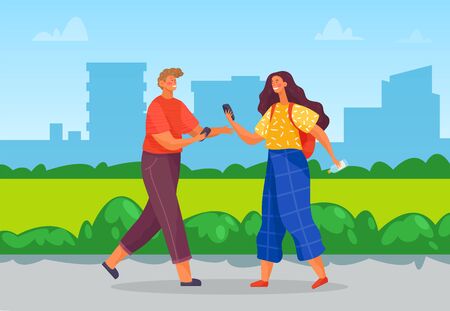 Teenagers spend leisure time on summer holidays together. boy and girl hold phones in hands and talking with each other. landscape with greenery and silhouette of buildings. vector illustration