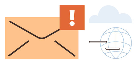 Email envelope with warning icon globe symbolizing global communication and cloud element ideal for email notifications online alerts cybersecurity communication technical support internet